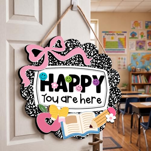 Kajaia Teacher Classroom Door Sign Back to School Notebook Composition Decor 13 in Wooden Smile Face Preppy Welcome Door Sign Happy You Are Here Teacher Gift for First Day of School Preschool Wall