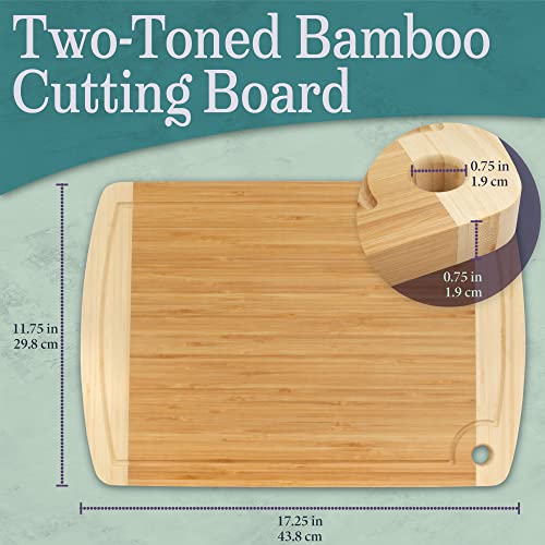 BambooMN Heavy Duty Premium Bamboo Two-Toned Cutting Board w/Hanging Hole - 17.25" x 11.75" x 0.75" - Grooved/Flat - 2 Pieces - size: 17.25" x 11.75" (Two-Tone w/hole)