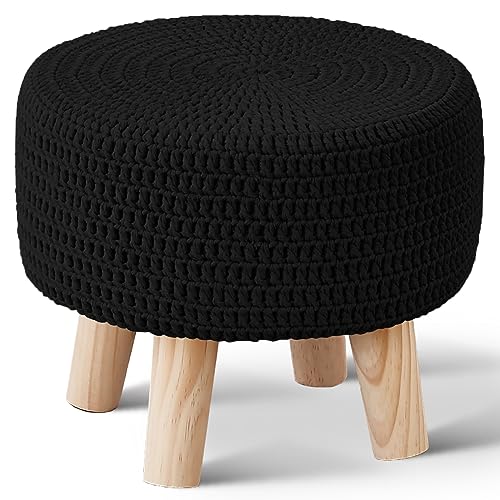 Wimarsbon Small Ottomans, 100% Hand Knitted Pouf Ottoman, Round Footrest with 4 Non-Skid Wood Legs, Boho Décor Cotton Rope Pouffe, Leisure Floor Step Chair for Living Room (Black) - color: Black