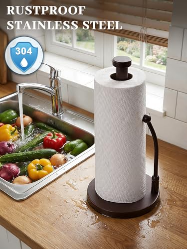 SMARTAKE Paper Towel Holder Countertop, Non-Slip Weighted Base, Bronze | Freestanding Kitchen Roll Dispenser, Rustproof Stainless Steel, Spring Arm for Easy Tear, Widden Top, with 4 Suction Cups - color: 06-bronze