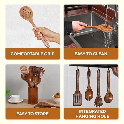Kitchen Utensil Set | 17-Piece Wooden Cooking Utensils with Holder & Hooks | Teakwood Utensils Set for Cooking | Non Toxic Wooden Spoons | Spatulas & Kitchen Accessories