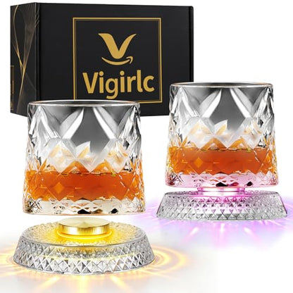 Luxury 360° Spinning Crystal Whiskey Glass Set Of 2, Rotating Old Fashioned Rocks Glasses & & 4 Color Lighting, Scotch & Bourbon, Cocktail Glasses for Bar, Party, Home, and Gift (Diamond) - color: Diamond