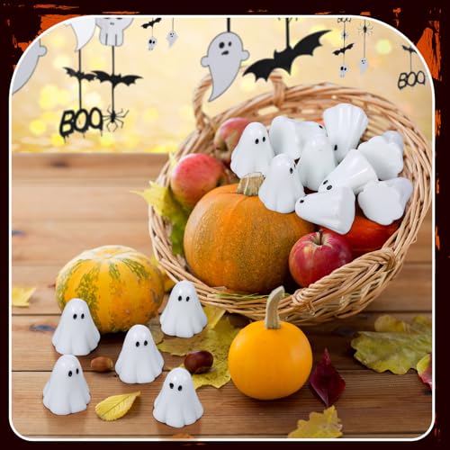 RoundFunny 50 Pcs Luminous Halloween Ghosts Miniature Resin Figurines Bulk | Mini Ghost Glow in Dark Favors, Vase Fillers Tiered Tray Table Centerpieces, Halloween Spooky Ornaments for Garden Landscape - style: Ghost