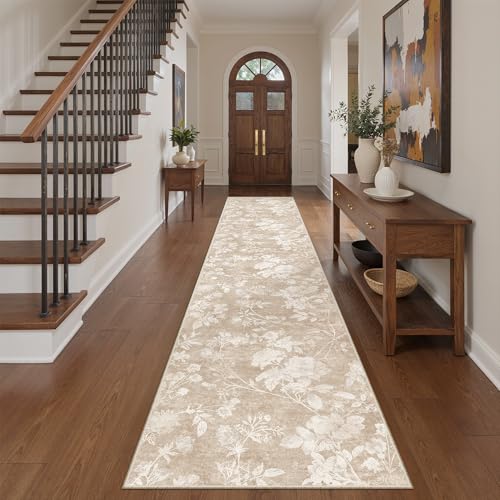 Soalmost Washable Runner Rug 2x10, Neutral Floral Hallway Runner Rug Tan | Oriental Soft Low Pile Non-Slip Thin Carpet Runner for Kitchen Bathroom Laundry Room Bedroom Entryway 2'x10' - color: Floral Tan, size: 2' x 10' (Runner)
