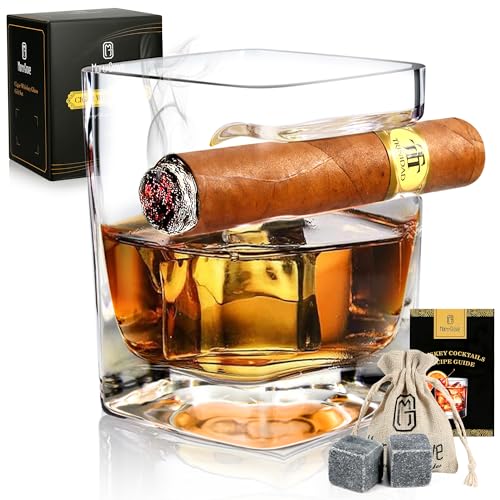 Cigar Whiskey Glass with Cigar Holder - 12oz Old Fashioned Glass with Side Mounted Rest - Bourbon Glass Cigar Accessories with Whiskey Stones and Recipe, for Men/Husband