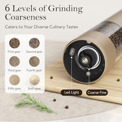Ultrean Pepper Grinder, Rechargeable Salt and Pepper Grinder Set with 6 Adjustable Coarseness, LED Light, Electric Pepper Mill, Essentials for New Home Housewarming, Brown - color: Brown