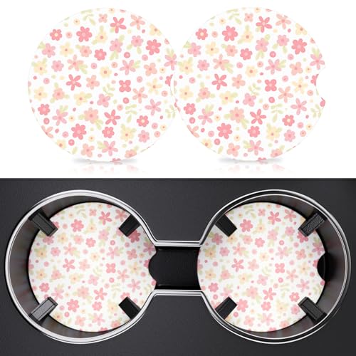 2 Pack Car Cup Holder Coaster, 2.63 inch Anti Slip Insert Absorbent Ceramic Car Coaster with Cork Base and Finger Notch, Cute Car Accessories Interior for Women, Cute Car Coasters. - color: Pink Flowers