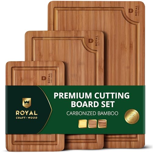 ROYAL CRAFT WOOD Wooden Cutting Boards for Kitchen Appliances - Non Toxic Bamboo Wood Cutting Board Set with Deep Juice Groove, Side Handles, Charcuterie & Butcher Block for Meat, Meal Prep & Serving - color: Brown, size: 3-Piece