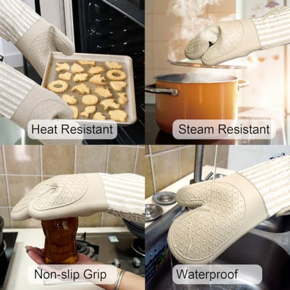 Alselo Silicone Oven Mitts Heat Resistant 932℉ with Waterproof & Non-Slip | Kitchen Mittens Set of 2,Extra Long 7.5"x15" Oven Gloves with Soft Cotton Terry Lining for Baking Cooking BBQ (Khaki,2) - color: Khaki