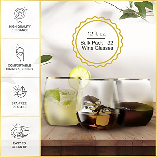 32 Pack Stemless Plastic Wine Glasses Disposable 12 Oz Gold Rim - Shatterproof Recyclable and BPA-Free, Stylish Drinkware for all Beverages, Cocktail Parties, Wedding Reception - color: Clear / with Gold Rim