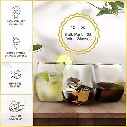 32 Pack Stemless Plastic Wine Glasses Disposable 12 Oz Gold Rim - Shatterproof Recyclable and BPA-Free, Stylish Drinkware for all Beverages, Cocktail Parties, Wedding Reception - color: Clear / with Gold Rim