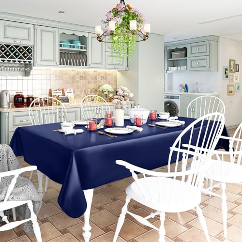 Rectangle Navy Blue Vinyl Waterproof Tablecloth with Flannel Backed | Spillproof Wipe Clean Table Cloth, Plastic Flannel Backing for Dining, Buffet Parties Picnic Camping, 60" x 84" - color: Navy Blue, size: 84" x 60" (Rectangular)