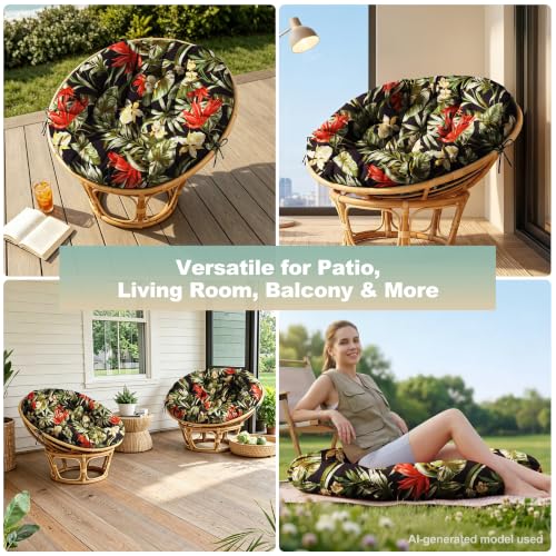 ARTPLAN Round Papasan Chair Cushion Tufted Swing Seat Pad with Ties,Floral | 47"x47"x4"tufted round chair cushion, polyester cover&fluffy fiber fill, fixed ties fit papasan, swing&wicker indoor chairs - color: Floral Black