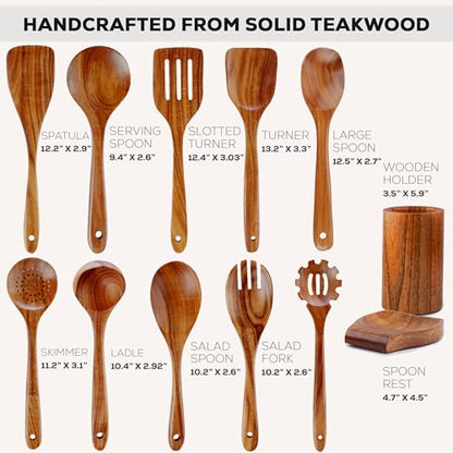 Zulay Kitchen 12-Piece Teak Wooden Utensils for Cooking - Natural Teak Utensil Set with Premium Gift Box - Non-Stick Wooden Spoons for Cooking - Kitchen Gift Set - Comfortable Grip Wooden Utensil Set - size: 12 Piece