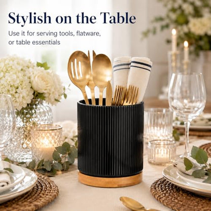 360° Rotating Kitchen Utensil Holder,Ceramic Utensil Holder for Countertop | Utensil Crock for Kitchen Counter with Rotatable Wooden Base,Ideal Housewarming Gift & Mothers Day Gift-Black - color: black