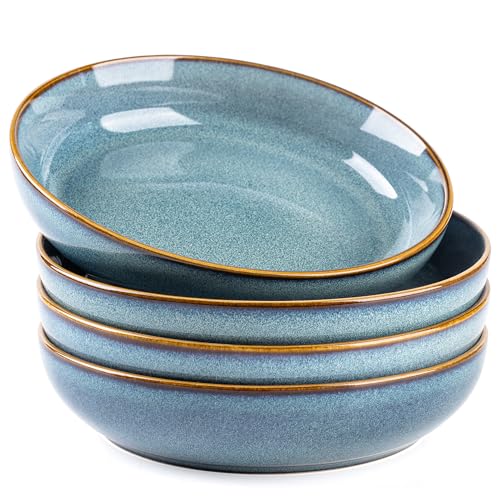 GBhome 8.75'' Large Ceramic Pasta Bowls, 38oz Stoneware Pasta Serving Bowls Set of 4 for Kitchen, Wide Bowls for Fruit,Pasta,Salad,Oatmeal,Meal, Microwave Safe, Reactive Glaze-Space Blue - color: Space Blue