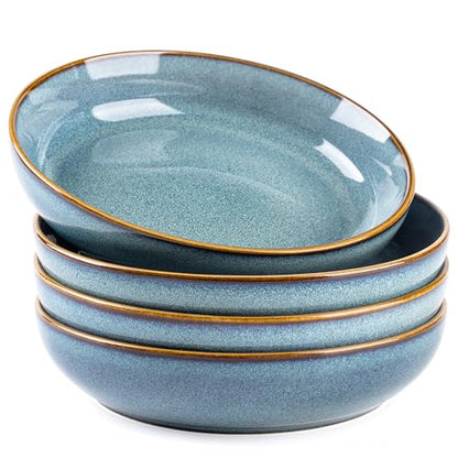 GBhome 8.75'' Large Ceramic Pasta Bowls, 38oz Stoneware Pasta Serving Bowls Set of 4 for Kitchen, Wide Bowls for Fruit,Pasta,Salad,Oatmeal,Meal, Microwave Safe, Reactive Glaze-Space Blue - color: Space Blue