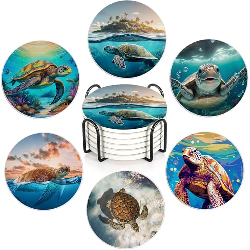 Table Coaster for Drinks Set of 6, Sea Turtles Round Ceramic Coasters,with Cork Base and Metal Holder,Great Housewarming Birthday Gifts,Home Decor - color: Sea Turtles