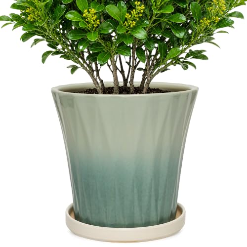 10 Inch Ceramic Planters with Drainage Hole and Saucer,Indoor Outdoor Large Flower Pots, Garden Pot for Plant Lovers (Wave Green) - color: Wave Green, size: 10 Inch