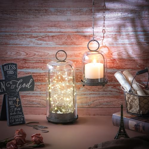 5" & 4" Wide Versatile Metal Candle Holder in Rustic Brown with Handmade Thick, Heavy & Sturdy Glass Dome for Pillar Candle, Industrial, Modern, Shelf, Mantel, Veranda, Porch - color: Brown