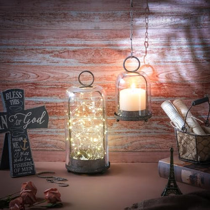 5" & 4" Wide Versatile Metal Candle Holder in Rustic Brown with Handmade Thick, Heavy & Sturdy Glass Dome for Pillar Candle, Industrial, Modern, Shelf, Mantel, Veranda, Porch - color: Brown