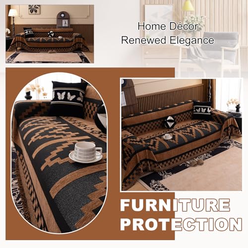 ROOMLIFE Dark Brown Couch Cover 3 Cushion Sofa, Washable Non Slip Furniture Sofa Protector Cover, Soft Chenille Sofa Slipcovers Sectional L Shape Dogs Couch Cover Throw Blanket with Tassels71''X118'' - color: Yd#brown, size: Large（71*118IN）