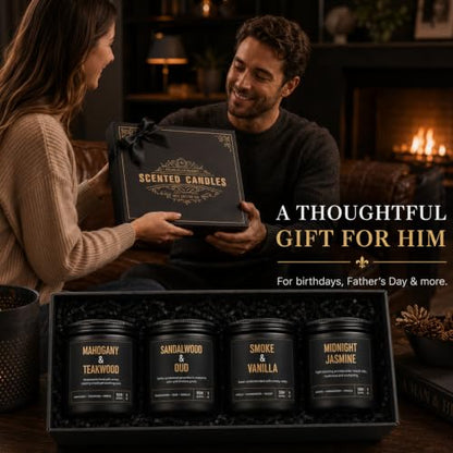 Candles Gifts for Men, 4-Pack Scented Candles, 36 oz, Birthday Gift Set | Up to 200 Hours Total Burn Time, Mahogany Teakwood, Smoked Vanilla, Midnight Jasmine & Sandalwood Oud - color: 4 Pack Black Candles