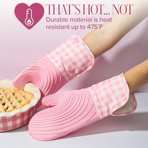 Paris Hilton Oven Mitt Set with Limited Edition Pink Gingham Design, Heat Resistant Pot Holders Featuring Non-Slip Textured Silicone Grips, 2-Piece Set, Pink - style: Pink Gingham