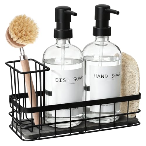 Dish Soap Dispenser for Kitchen, 16.9 fl oz Clear Hand and Dish Soap Dispensers, Kitchen Soap Dispenser Set with Sponge Holder, Brush Holder and Loofah Sponge, Countertop Sink Organizer Accessories - color: Clear