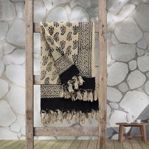 Trade Star 100% Cotton Syahi-Begar Block Printed Leaf Designer Throw Blanket Decorative Throw with Tassels Beautiful for Room Home Decor 50x70 Inches (Throw Blanket 1) - color: Throw Blanket 1