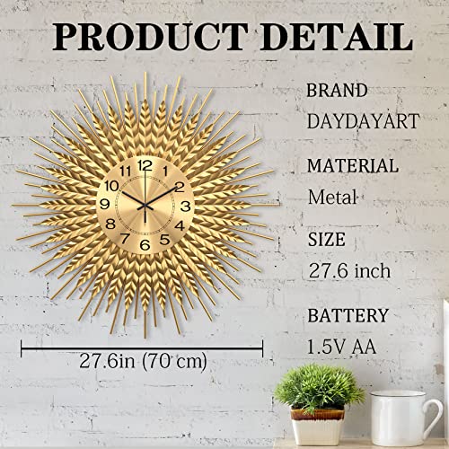 28 Inch Gold Large Wall Clock Decorative Metal Mid Century Wall Clocks, Modern Big Silent Non-Ticking Clock, Modern Handmade Home Art Decor for Living Room, Bedroom, Dining Room - size: 2. Gold-Wheat 28In(70cm)