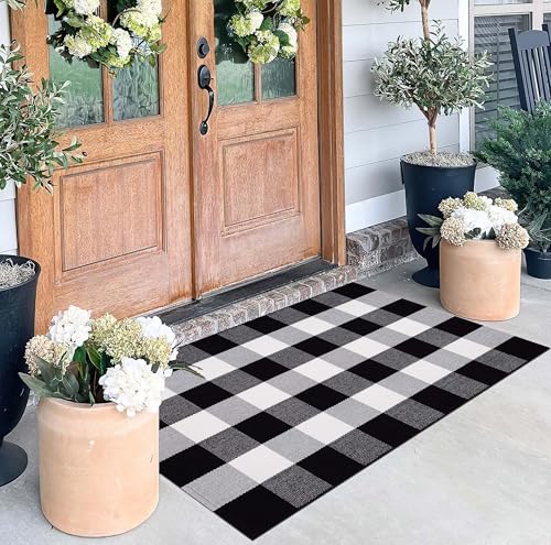 BUAGETUP Black and White Layered Doormat,27.5"x43.3"Cotton Door Mat Outdoor | Machine Washable Woven Front Porch Rug Farmhouse Door Mats Outdoor For Front Decor - color: Black Buffalo, size: 27.5"x43.3"