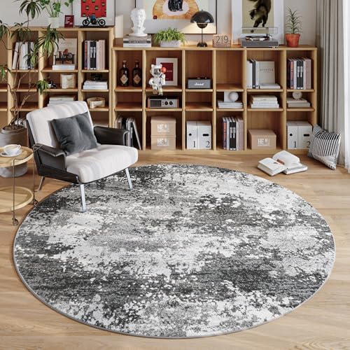 Round Area Rugs 4ft Washable Grey Circle Rug for Entryway Kitchen | Non Slip Soft Low Pile Stain Resistant, Boho Circular Carpet for Living Room Bedroom Dorm Dining Room Table, Abstract Gray - color: Grey, size: 4' (Round)