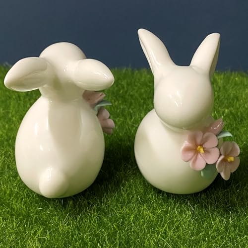 Set of Mini Ceramic Rabbit Figurines, Porcelain Easter Bunny Decorations for Home, Tabletop Ornament, Tea Ceremony Pet (2-Flower)