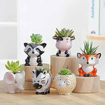 Cute Succulent Planter, Succulent Pots with Drainage Hole Flower Plant Pot | Cartoon Ceramic Tiny Pot for Indoor Mini Flower Planters Cactus Container Set of 6 - color: Elephant/Panda/Fox/Cow/Sheep/Zebra