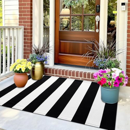 OLANLY Black and White Striped Rug 27.5"x43" and Home Sweet Home Door Mat 30"x17" Bundle, Washable Cotton Layered Front Porch Decor Set for Entryway, Kitchen, Patio Indoor Outdoor