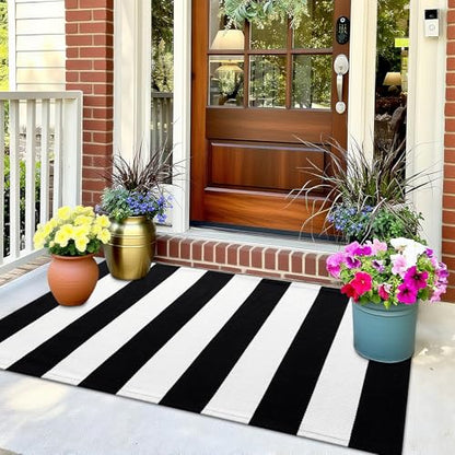 OLANLY Black and White Striped Rug 27.5"x43" and Home Sweet Home Door Mat 30"x17" Bundle, Washable Cotton Layered Front Porch Decor Set for Entryway, Kitchen, Patio Indoor Outdoor