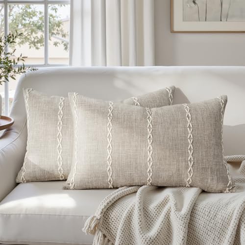 HOMEIDEAS Decorative Striped Throw Pillow Covers 20x12 Set of 2 | Tan Farmhouse Cushion Embroidered Pattern,Soft Linen Feel Textured Neutral,Couch Sofa Bed Living Room,Farmhouse Fall Decor - color: Tan Stripe, size: 20" x 12" (Pack of 2)