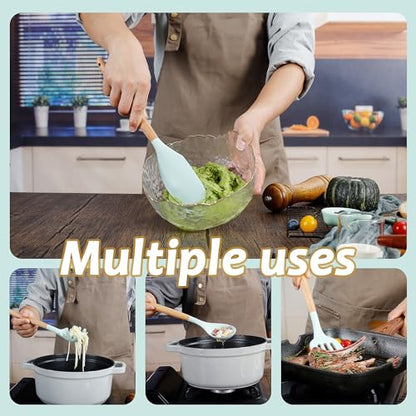 QMVESS Silicone Kitchen Utensils Set, 35 Pcs Non-Stick Cooking Utensils Set, Sturdy Insulation Wooden Handle Kitchen Accessories for Cooking with Spatula Set and Spoons Set Gadgets (Light Green) - color: Light Green