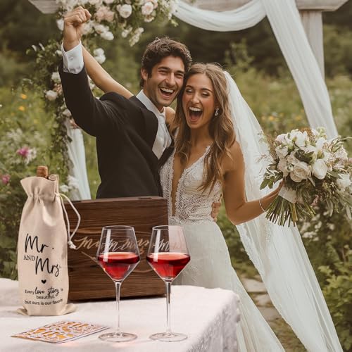 2026 Mr & Mrs Wine Glasses Gift Set with Memory Box,Wine Bag, Greeting Card – Engagement, Wedding & Newlywed Gifts for Couples, Just Engaged Gifts for Women - style: Mr & Mrs + Box + Bag & Card