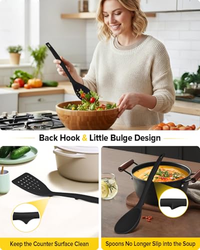 Pack of 4 Silicone Cooking Utensils Set, Non Stick Solid Spatulas and Heat Resistant Slotted Spoons with Back Hooks, Ideal BPA Free Kitchen Utensils Set for Frying,Serving,Turning,Stirring (BLACK) - color: Black