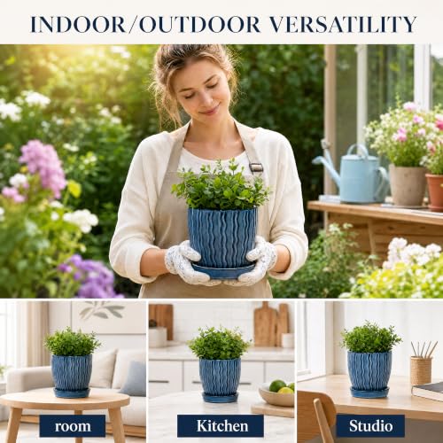 Ceramic Plant Pots, Modern Flower Pots, Small Plant Pots 4.5+5.5inch | Flower Pots Indoor Planters with Drainage and Tray, Modern Indoor Plant Pots for Home and Office, Small Planters - color: Blue