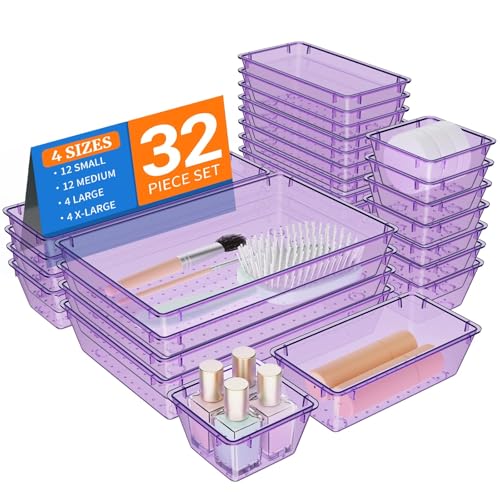 32 PCS Clear Plastic Drawer Organizer Set, organizer Trays and Storage Bins | 4-Size vanity organizer Trays and Storage Bins for Makeup, Jewelry and Gadgets in Bedroom, Bathroom and Office, Clear Purple - color: Pueple