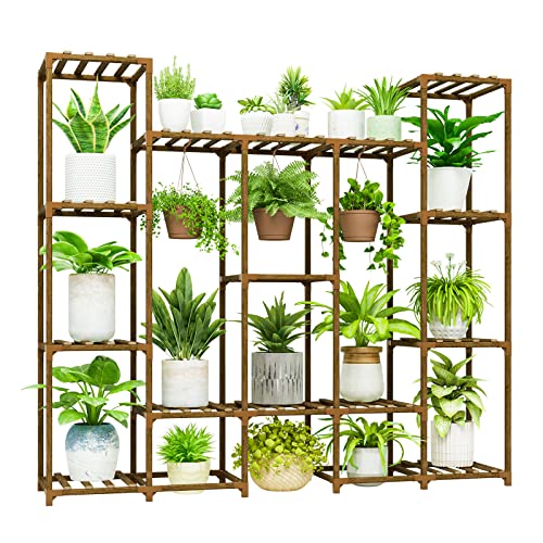 Bamworld Large Plant Stand Indoor Outdoor Hanging Shelf for Multiple PlantsTall Large Holder for Living Room Patio Balcony Garden - color: Brown-16 Pots, style: Cabinet