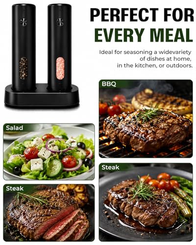 COOLMI Electric Salt and Pepper Grinder Set with Charging Base, 110ml | Rechargeable 2-Pack With 6 Grind Settings, LED Light, Ceramic Grinding Cores, 110ml Top-Fill Chambers, And One-Hand Operation