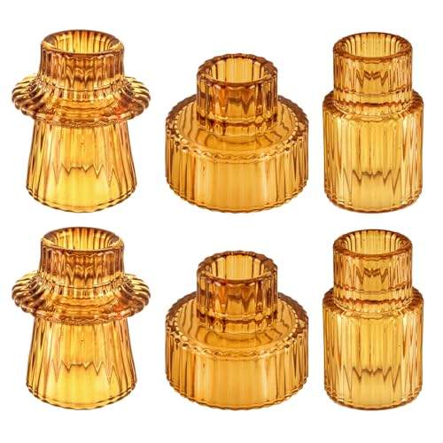Glass Candlestick Holders, Taper Candle Holders, Set of 6, Amber | Double-sided ribbed glass taper candle holders for fall wedding centerpieces, parties, Christmas, Thanksgiving and home decor - color: Amber, size: 6 PCS