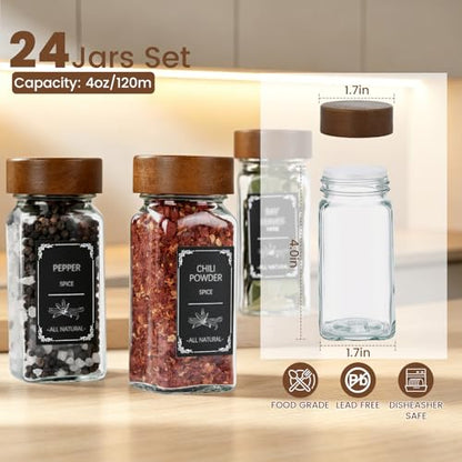 2 Pack Spice Rack with 24 Spice Jars, 4OZ Wood Lid Spice Containers with Expandable Spice Organizer Shelf, Spice Labels, Pepper Grinder Lids, Chalk Marker & Funnel Set for Drawer Kitchen Countertop