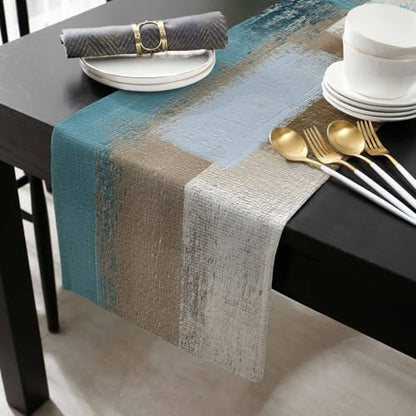 Aqua-Blue Brown Table Runner-Cotton Linen-13x108 Inch Holiday Dresser Scarves, Modern Abstract Beige Oil Painting Art Tablerunner for Kitchen Coffee/Dining Bedroom Home Living Room Dinner Scarf Décor - size: 13x108 Inches