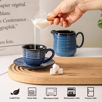 HASENSE Espresso Cups Set of 4, 4 Ounce Ceramic Cappuccino Cup with Saucers, Small Coffee Mugs for Espresso Shots, Cappuccino, Tea, Latte, Demitasse, Navy Blue - color: Navy Blue, size: 4oz - Set of 4