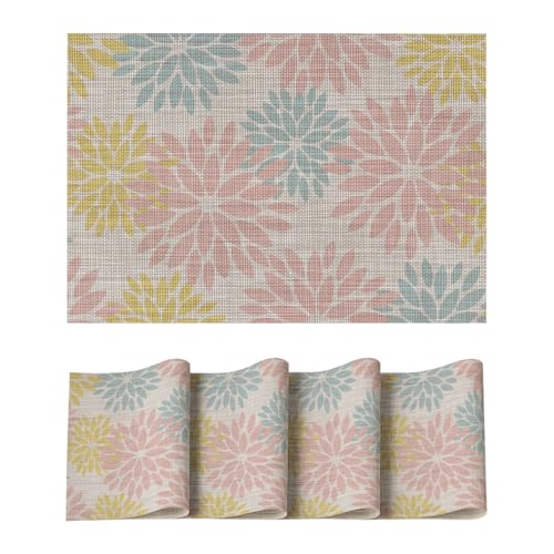 Artoid Mode Floral Vinyl Placemats Set of 4, 12x18 Inch Heat Resistant Washable Non-Slip Plistic PVC Place Mats for Party Kitchen Dining Decor, Pink Blue - color: Pink/Blue, size: 12" x 18", Rectangular Set of 4